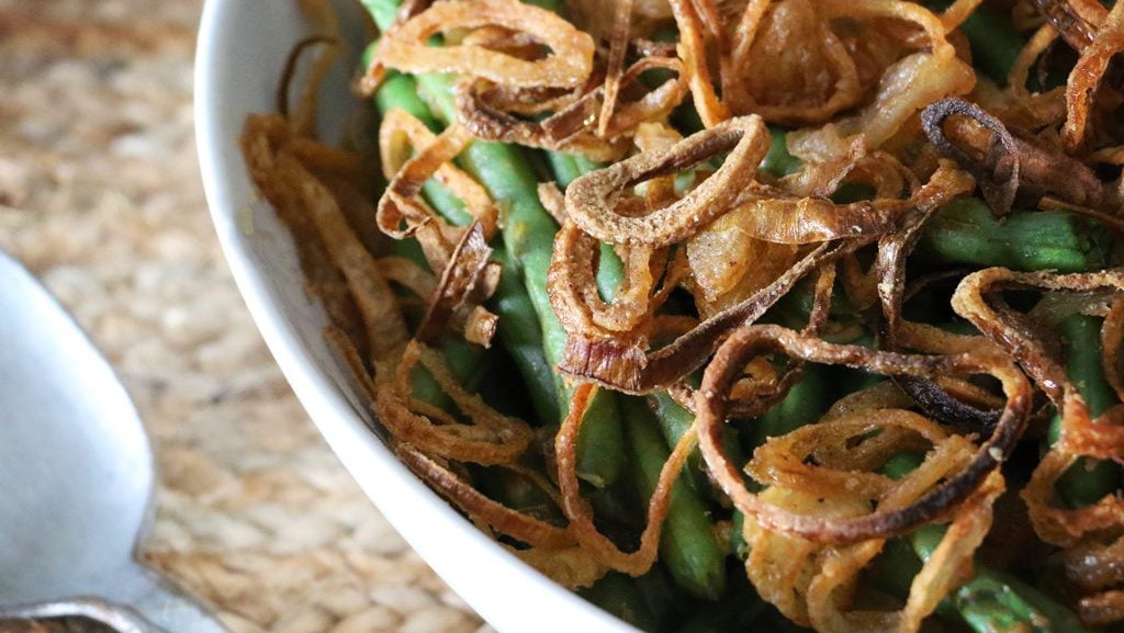 Image of Raspberry Chipotle Green Bean Casserole with Crispy Sliced Shallots