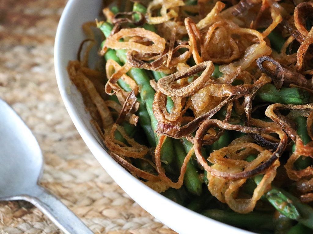 Raspberry Chipotle Green Bean Casserole with Crispy Sliced Shallots