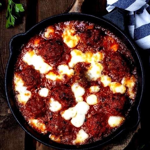 Image of cheesy baked meatballs with burrata