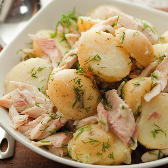 Image of WARM POTATO SALAD WITH SMOKED TROUT & CHIVES WITH WOMERSLEY LIME, BLACK PEPPER & LAVENDER VINEGAR