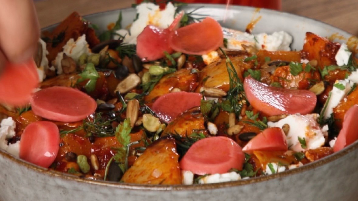 Image of Harissa Butternut and Feta Salad with Roasted Chickpeas and Pickled Radishes