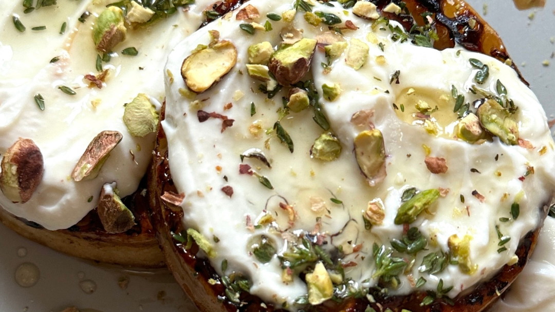 Image of Caramelised Crumpets with Ricotta and Pistachio