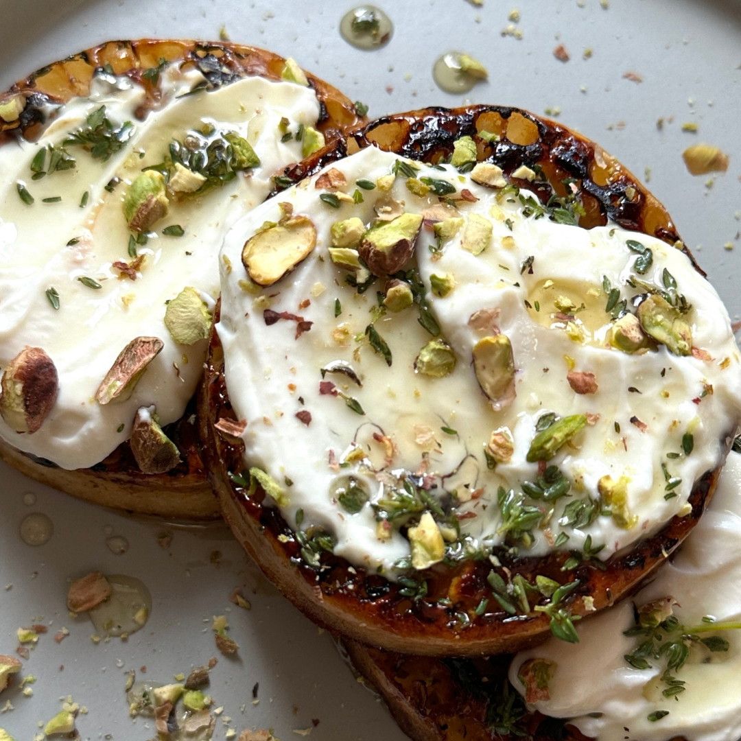 Caramelised Crumpets with Ricotta and Pistachio