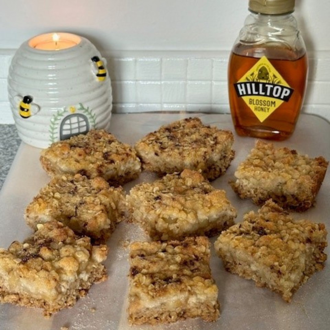 Honey oat flapjack with apple crumble topping 