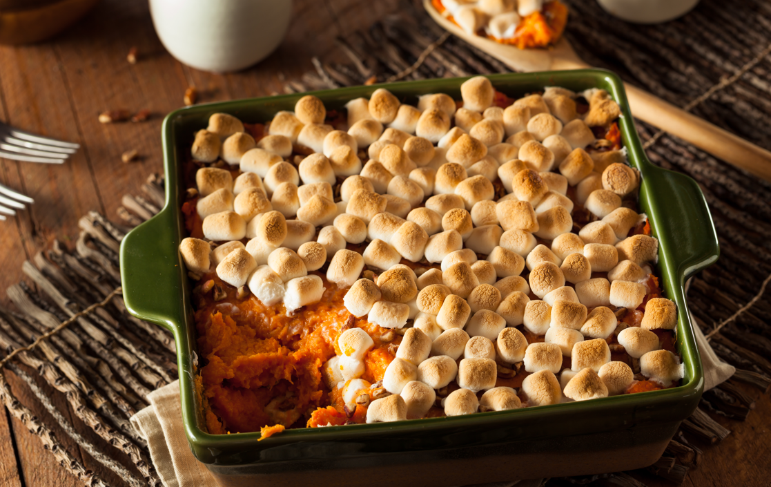 Sweet Potato Casserole with French Toast Seasoning and Marshmallow Topping