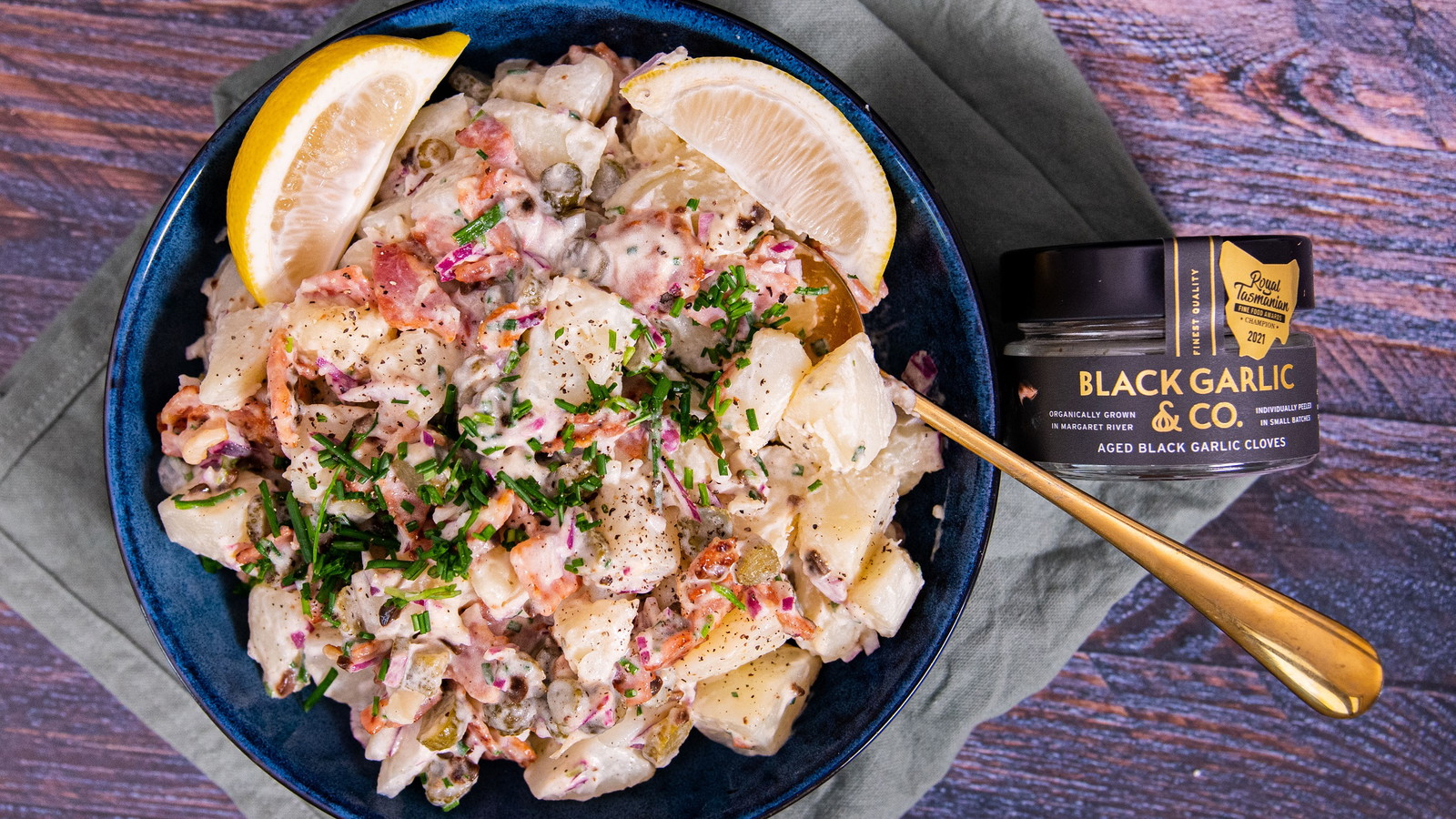 Image of Potato Salad with Black Garlic and Bacon