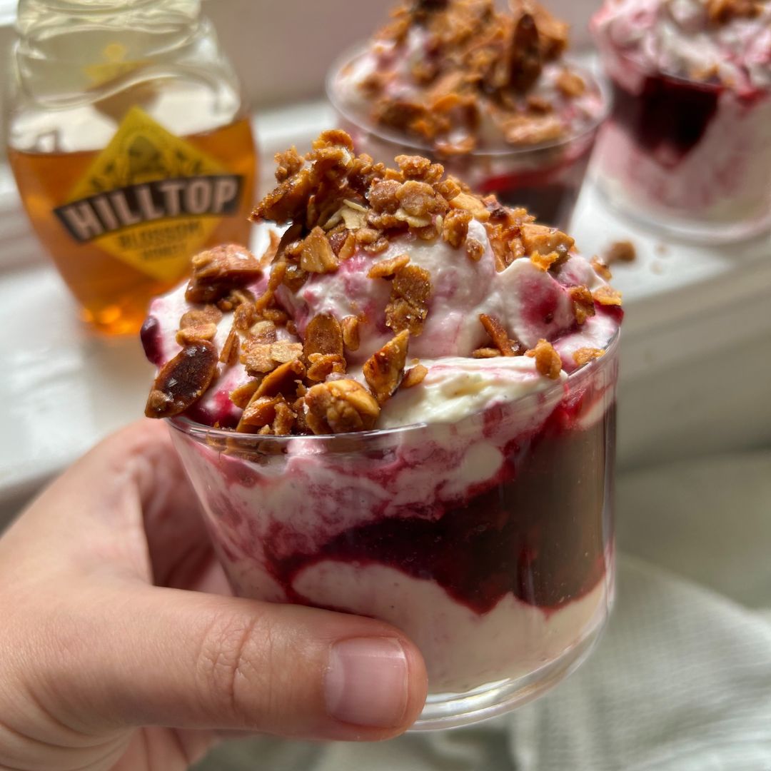 Salted honey crunch blackberry & apple fool