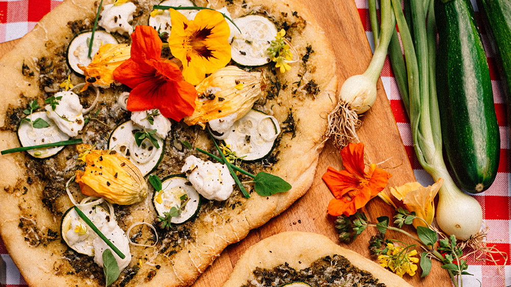 Image of Grilled Pesto Pizza with Squash Blossoms