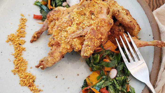 Image of Spicy Peanut Crusted Quail with Collard Green Salad