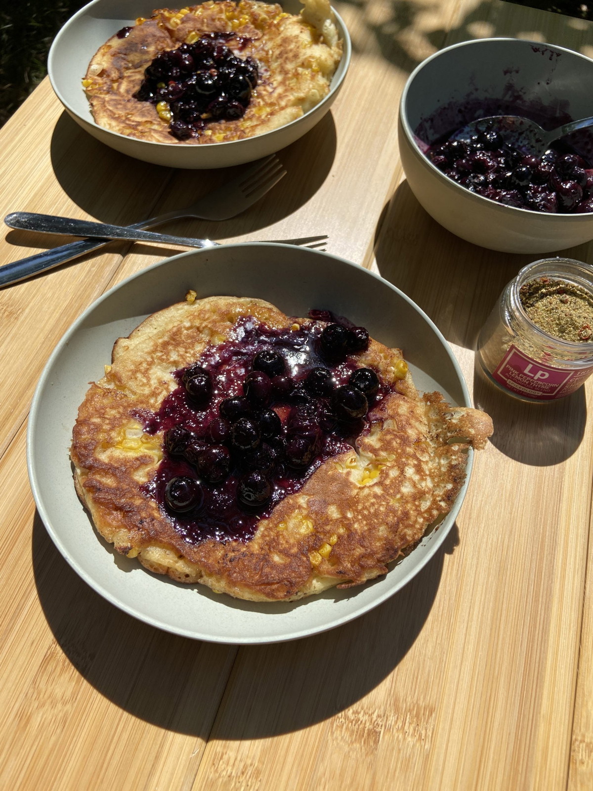  Pink Peppercorn Lemon Thyme Corn Pancakes with Blueberry Syrup