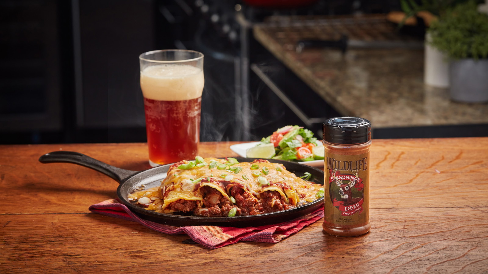 Image of Deer Chili Enchiladas with Avocado, Cilantro, Lime, and Tomato Salad