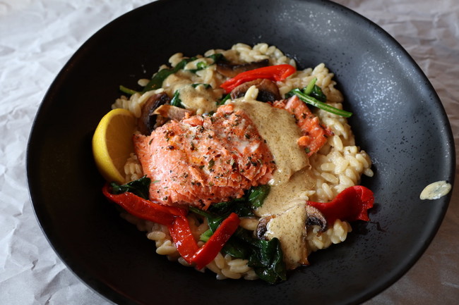 Image of Salmon with Orzo, Grilled Red Bell Peppers, and Sautéed Spinach