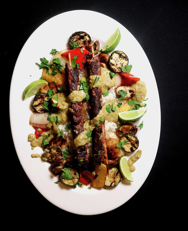 Image of Grilled Lamb Skewers with Roasted Poblano and Garlic Sauce