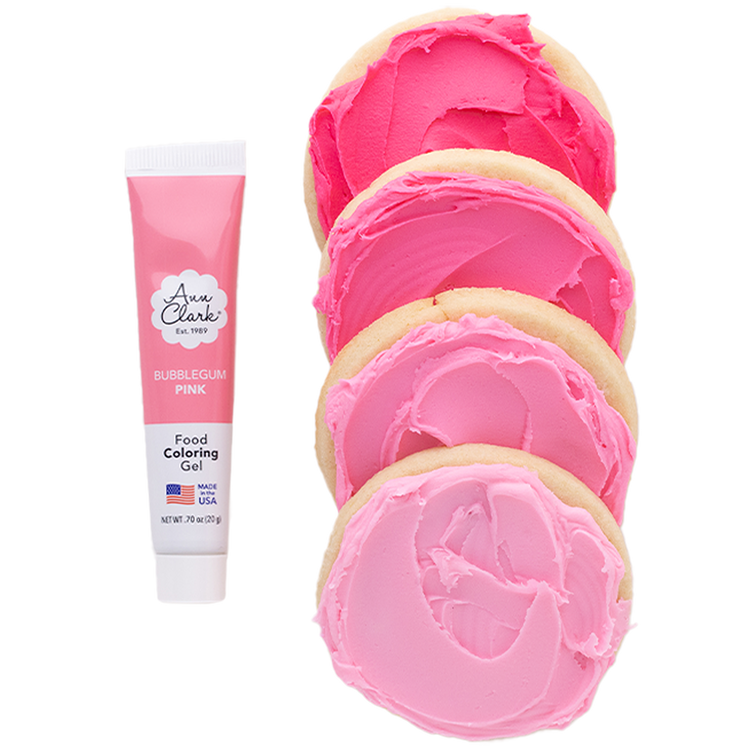 Image of Bubblegum Pink Gel Food Coloring: ½ drop for blush, 1 drop for soft pink, 2-3 drops for bright pink, 3+ drops for bubblegum pink