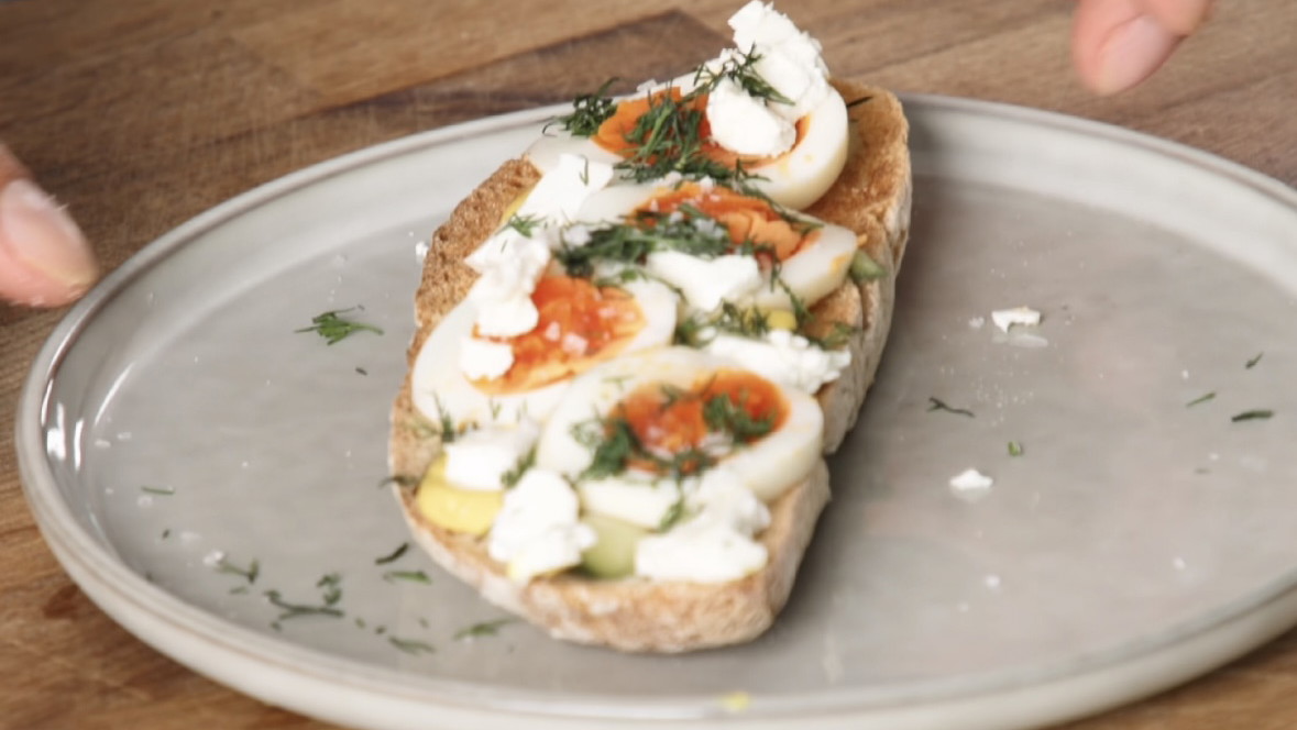 Image of Pickled Egg on Toast with Feta and Gherkin