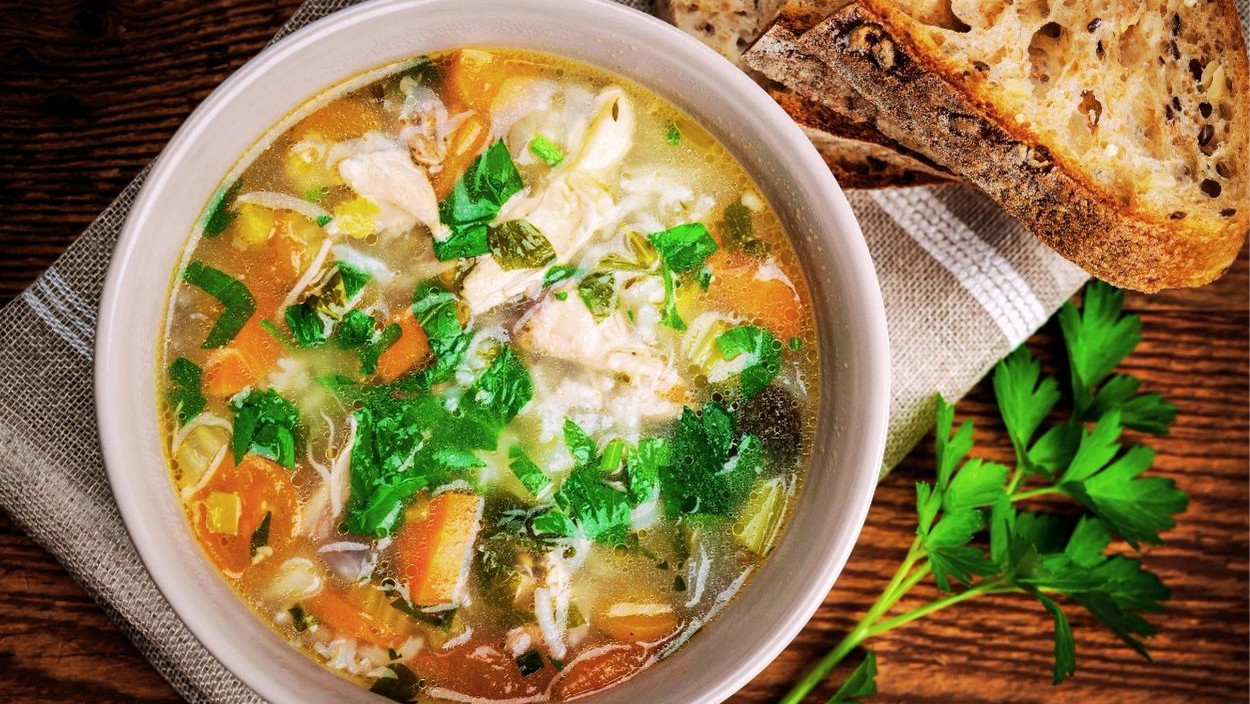 Savoury chicken soup made with fresh chicken, carrots, celery and herbs. This traditional soup is warming, nourishing and comforting on cold days. Perfect for the whole family and easy to prepare.