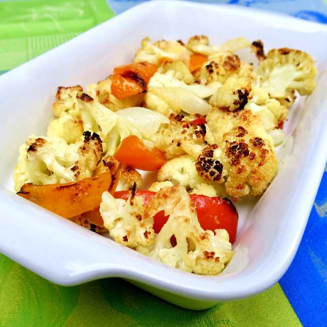 Image of roasted cauliflower with onions and peppers