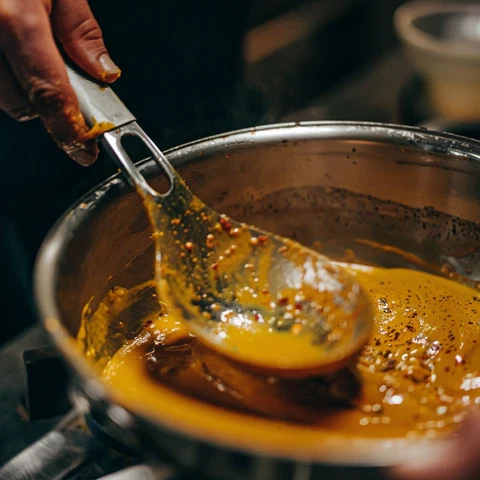 Image of Sauté minced ginger and garlic in coconut oil. Add curry powder, then stir in coconut milk and simmer to reduce slightly.