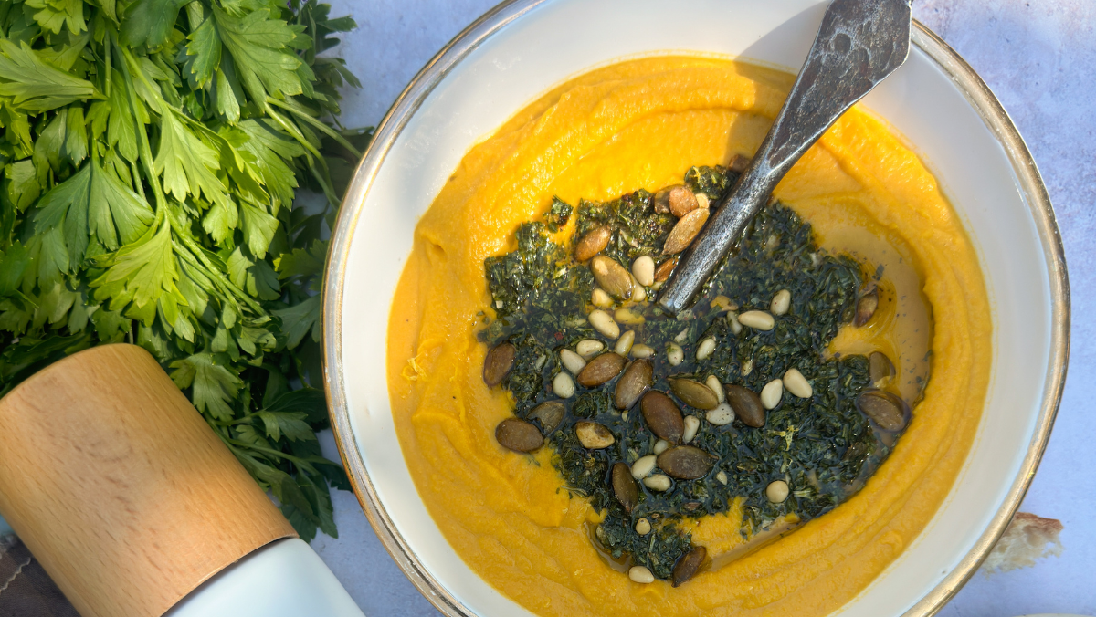 Image of Kabocha Squash Hummus with Herby Pine Nut Gremolata