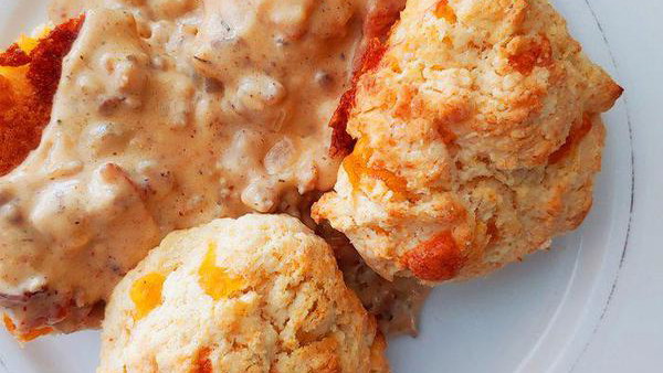 Image of Cheddar Drop Biscuits & Maple Bourbon Bacon Burger Gravy