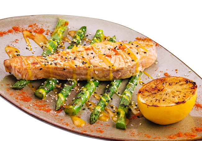 Image of Togarashi-Infused Grilled Salmon with Sesame Asparagus
