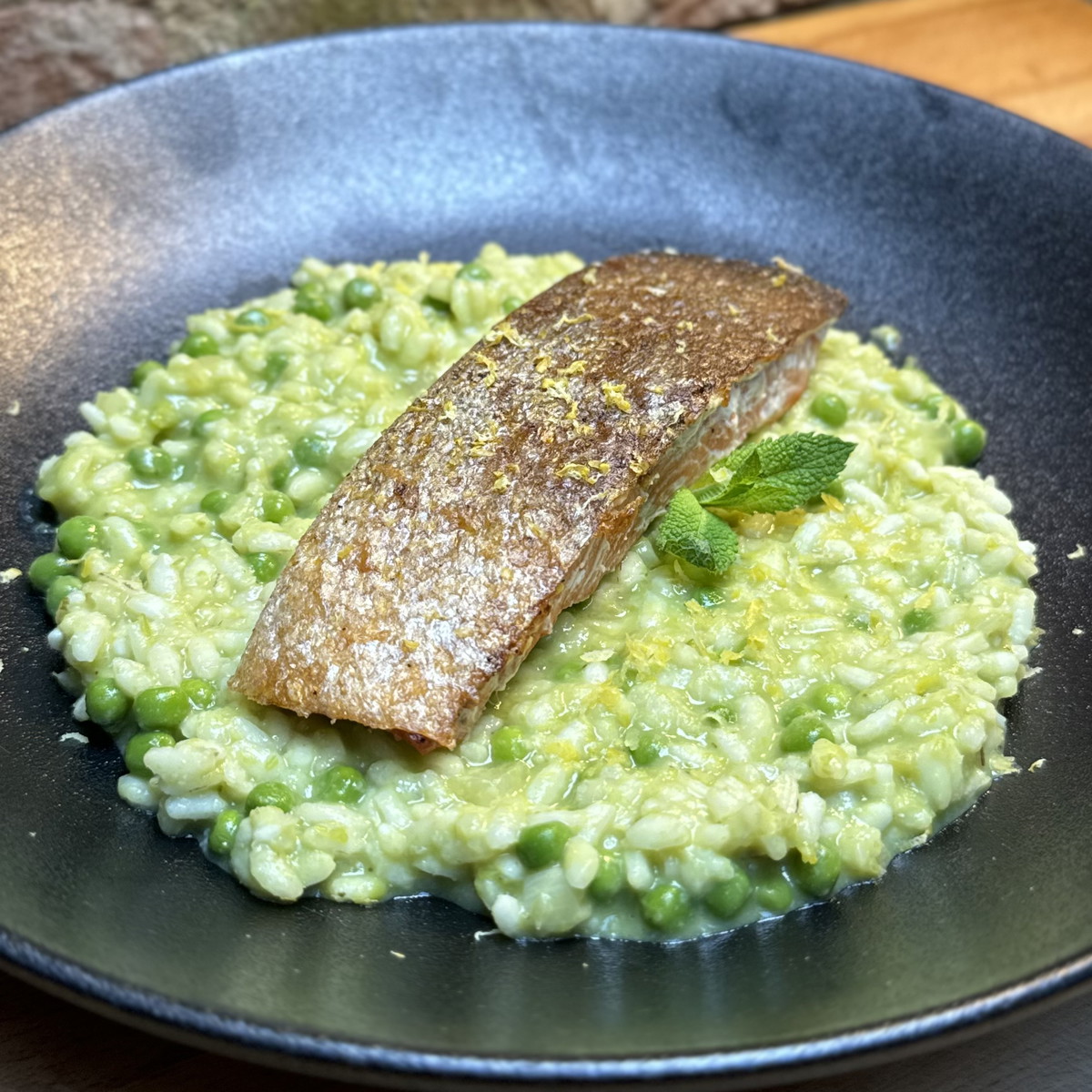 Salmon pea risotto