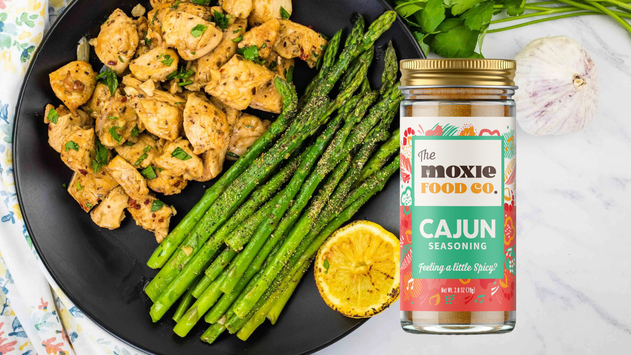 Image of Cajun Butter Chicken Bites with Lemony Asparagus