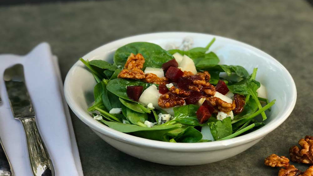 Image of Spinach Salad with Pear, Beets, Gorgonzola & Coriander Cumin Spiced Walnuts