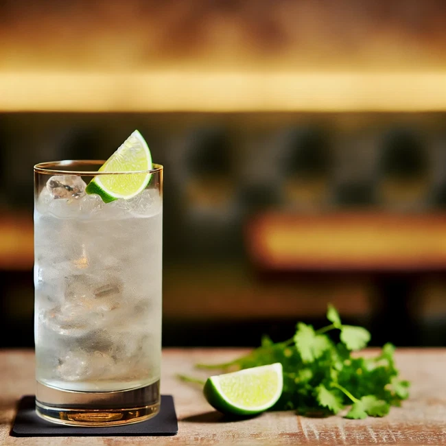 A collins glass filled with ice and a clear appealing liquid. Lime garnish and cilantro on the side.