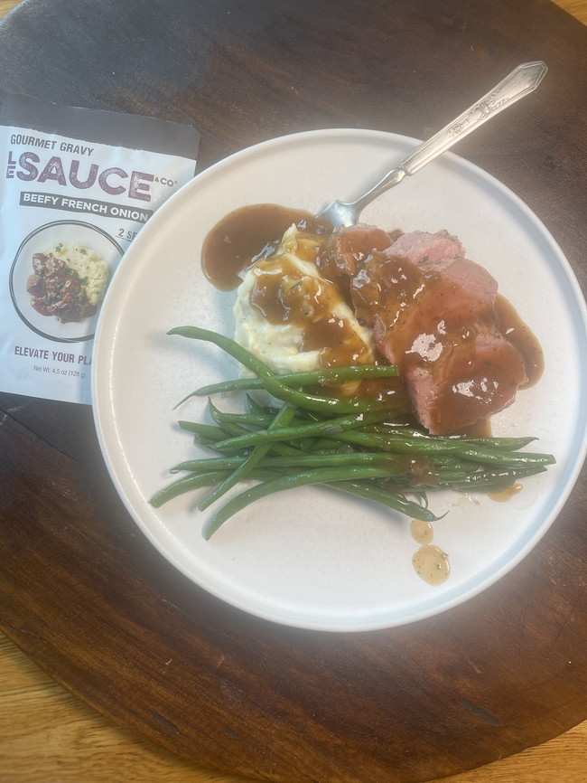 Image of Beefy French Onion Pork Tenderloin with Mashed Potatoes and Green Beans