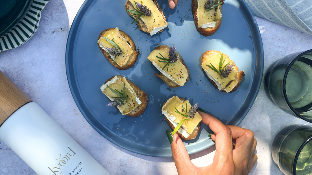 Image of Salted Honey + Brie Crostinis with High-Phenolic Olive Oil