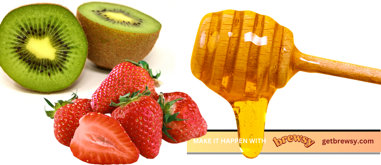 Image of Get together your bag of frozen fruit, your gallon fermentation container, your gallon pot with lid, a lemon and 2-2.5lbs of honey.If you buy honey containers that weigh a nice whole number like 1lb or 4-5 lb jugs of honey,...