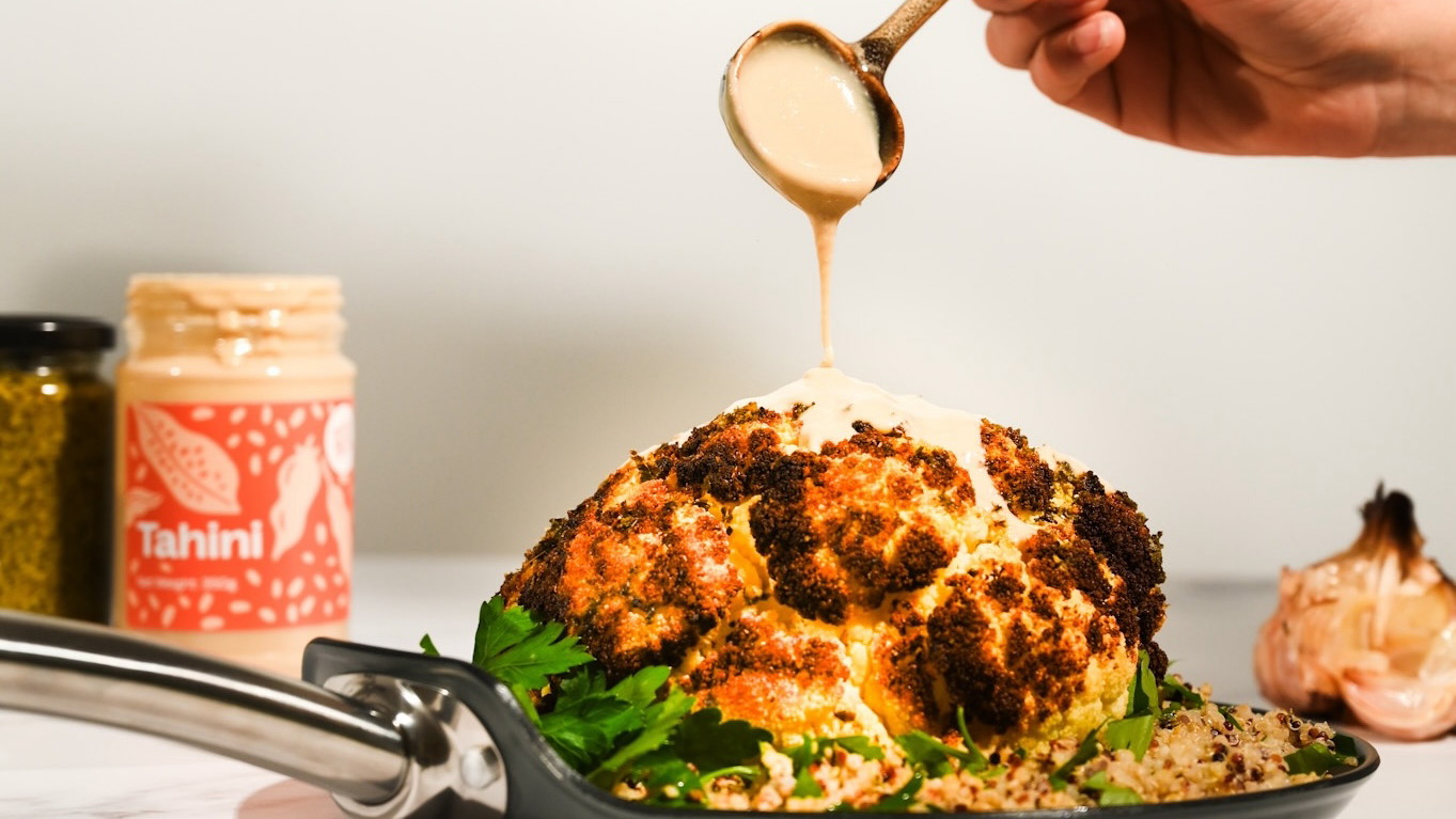 Roasted Cauliflower with Pesto and Tahini Dressing-image