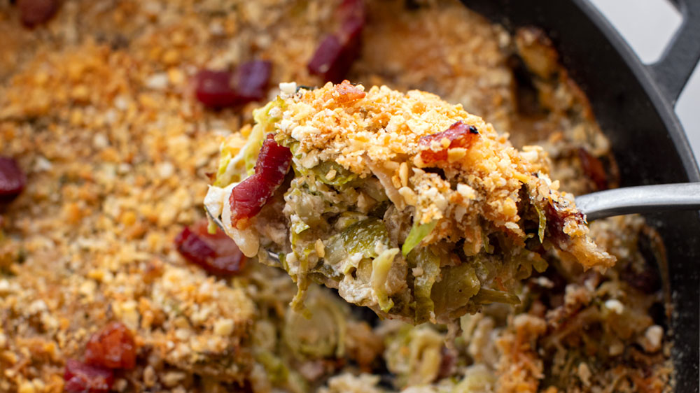 Apple Brined Bacon & Brussels Sprouts Gratin