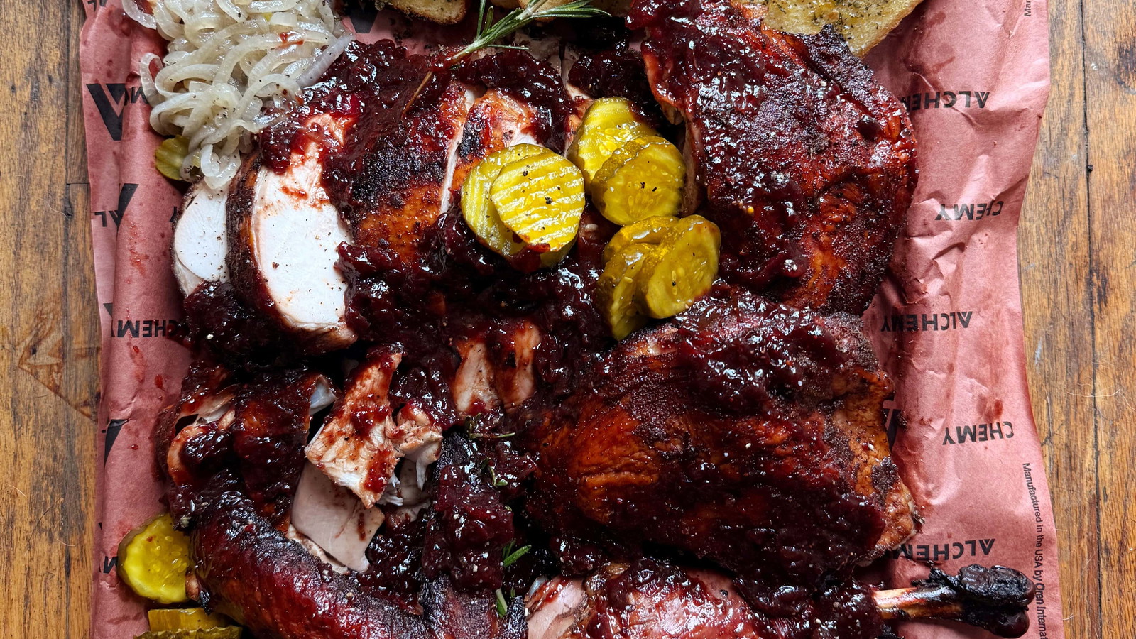 Image of Flattened Smoked Turkey with Dr.Pepper Cranberry Sauce and Stuffing Toast