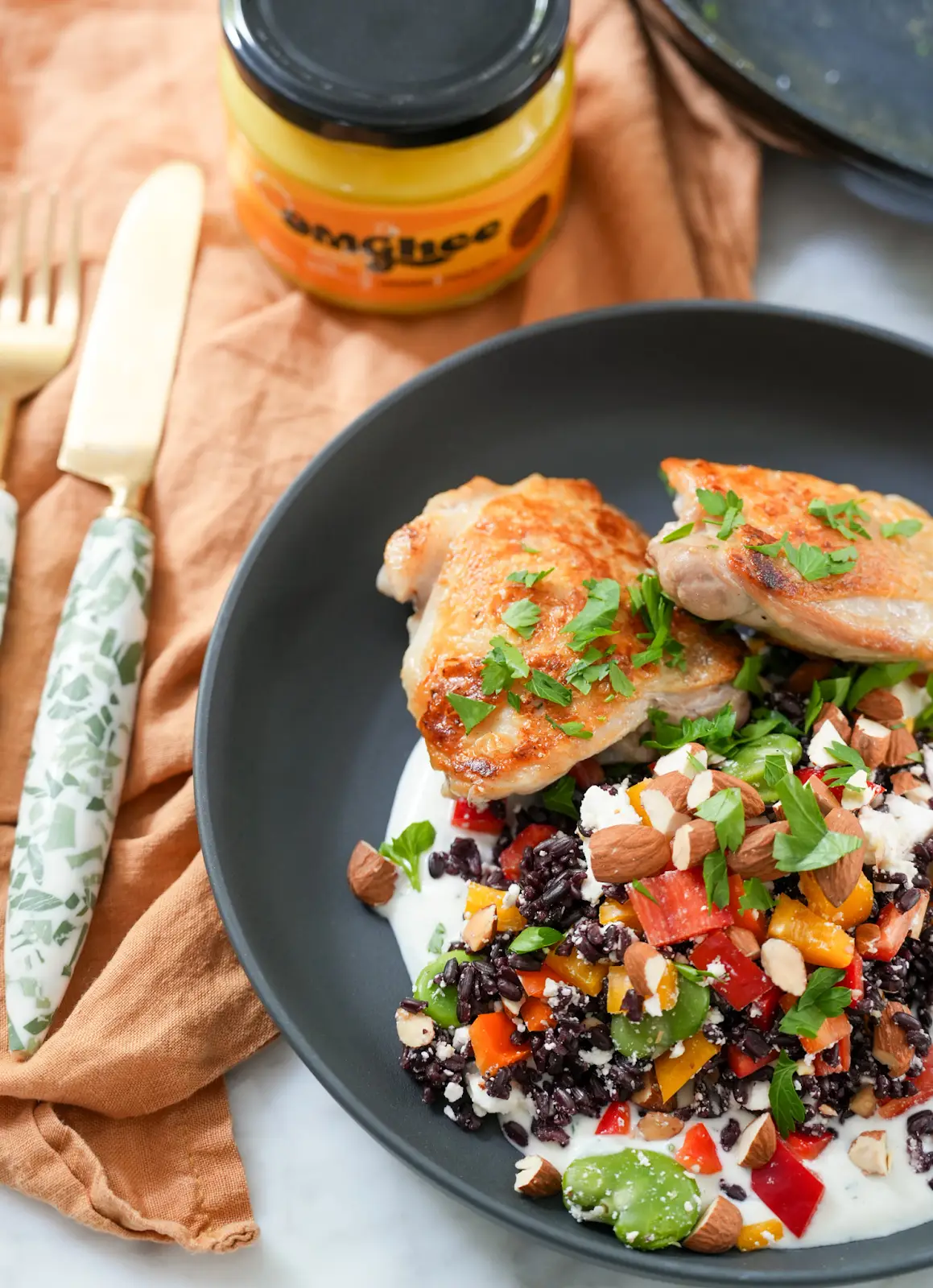 Crispy Skin Chicken Thighs and Black Rice Rainbow Salad