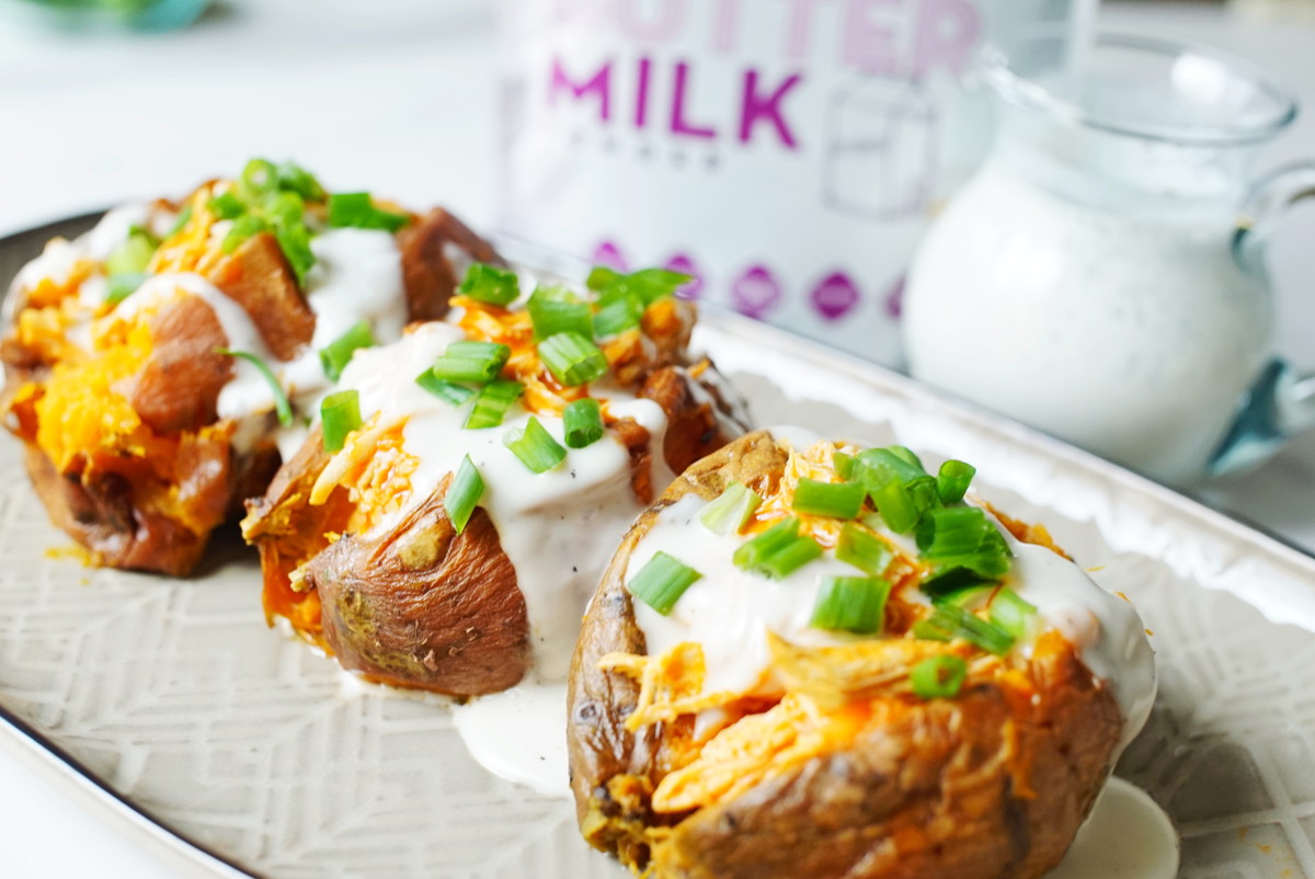 Buffalo Chicken Sweet Potatoes with Homemade Buttermilk Ranch