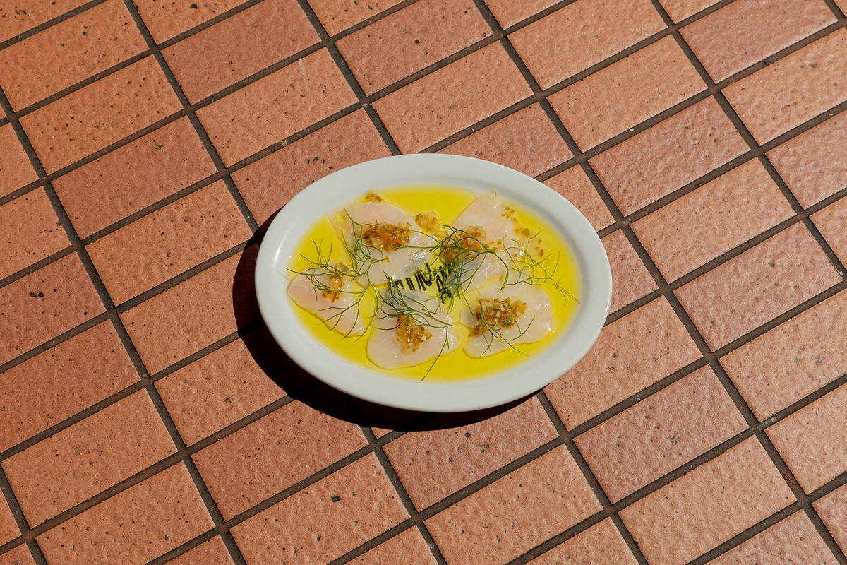 white fish crudo with pickled shallot and fennel