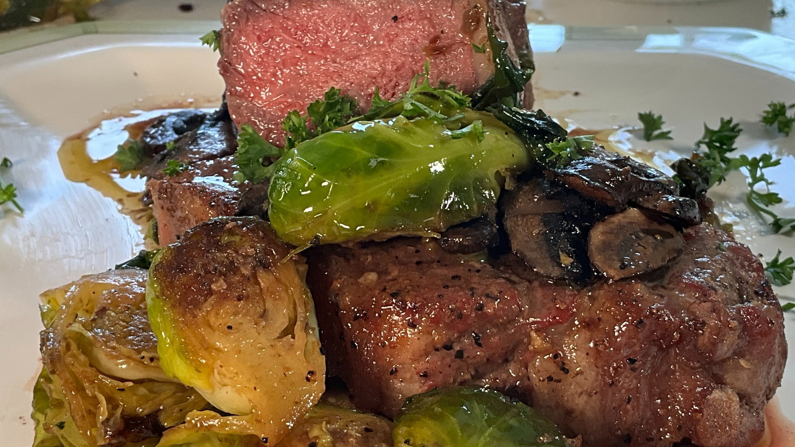 Image of New York Strip Steak with Brussel Sprouts and Mushrooms