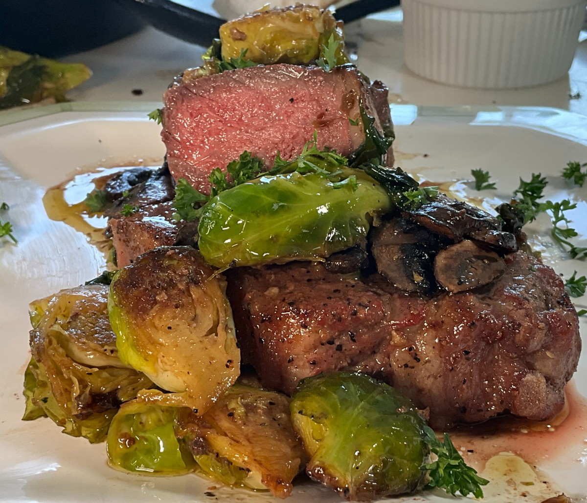 New York Strip Steak with Brussel Sprouts and Mushrooms
