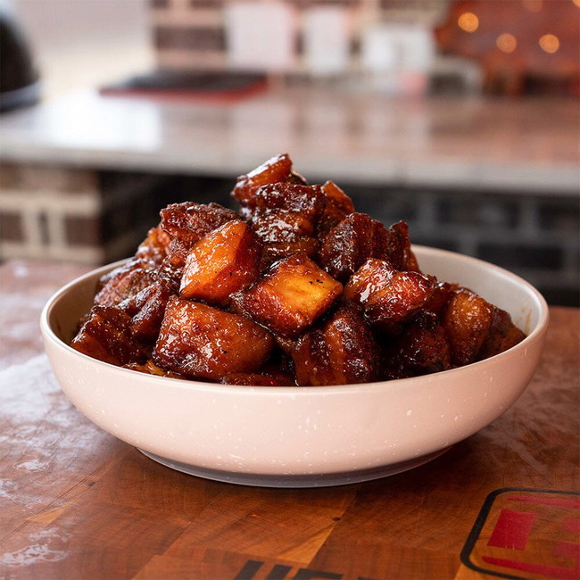 Smoked Pork Belly Burnt Ends in a bowl
