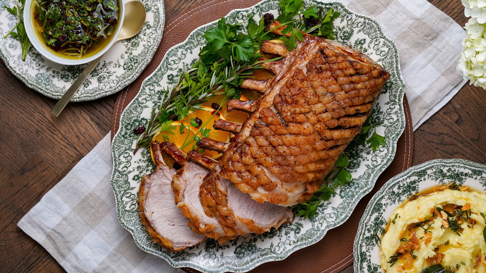 Image of Oven Roasted Rosemary Rack of Pork with Cranberry Gremolata