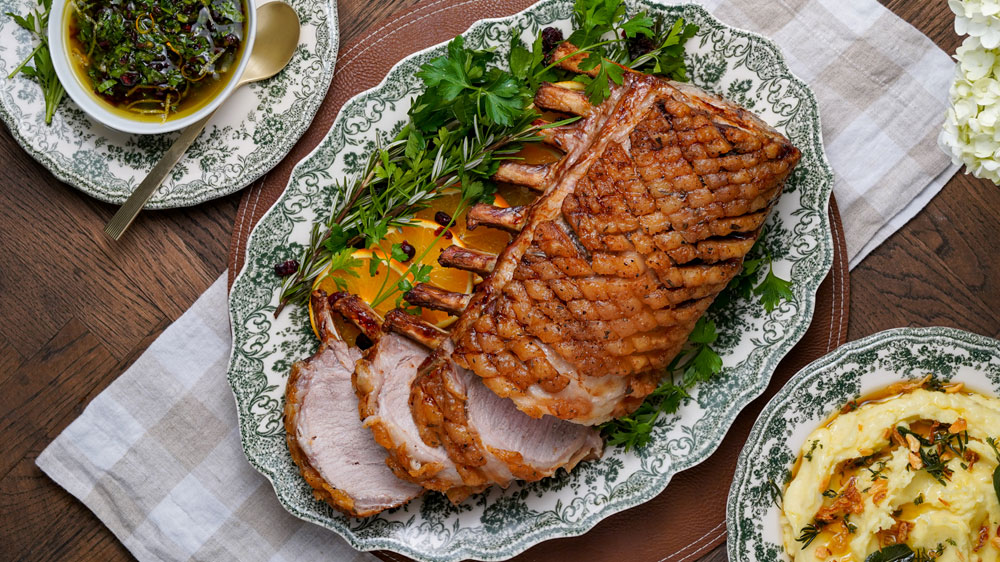 Oven Roasted Rosemary Rack of Pork with Cranberry Gremolata