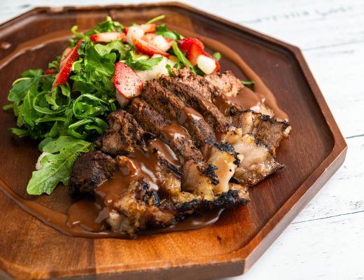 Image of Grilled Bone-In Rib Eye Steaks with Strawberry-Chocolate-Oaxaca Chile Sauce