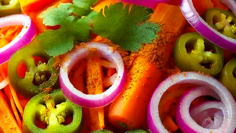 Carrots, red onions & jalapeno's on a sheet pan.
