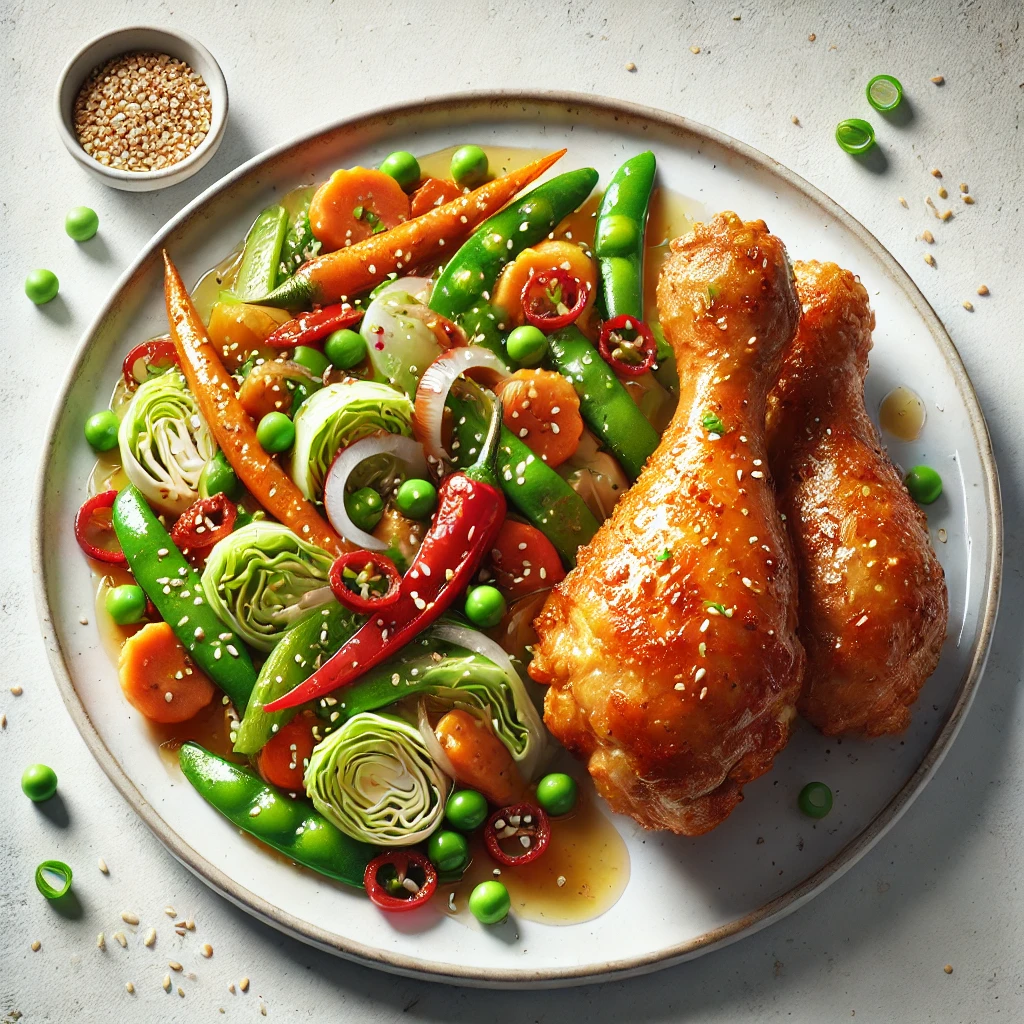 Image of  Air-Fried Chicken Drumsticks with Soy-Garlic Stir-Fry Vegetables