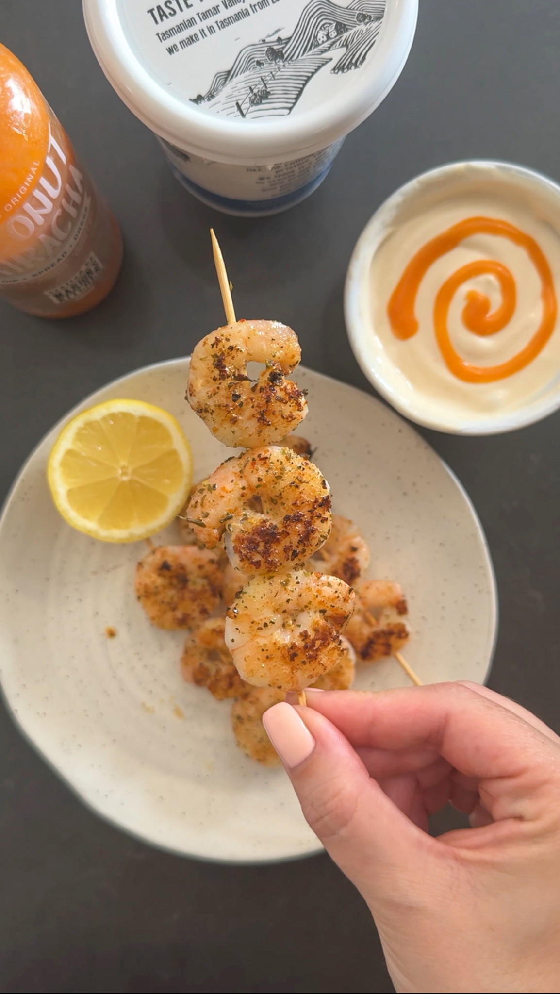 Prawn Skewers with Yogurt Siracha Dipping Sauce