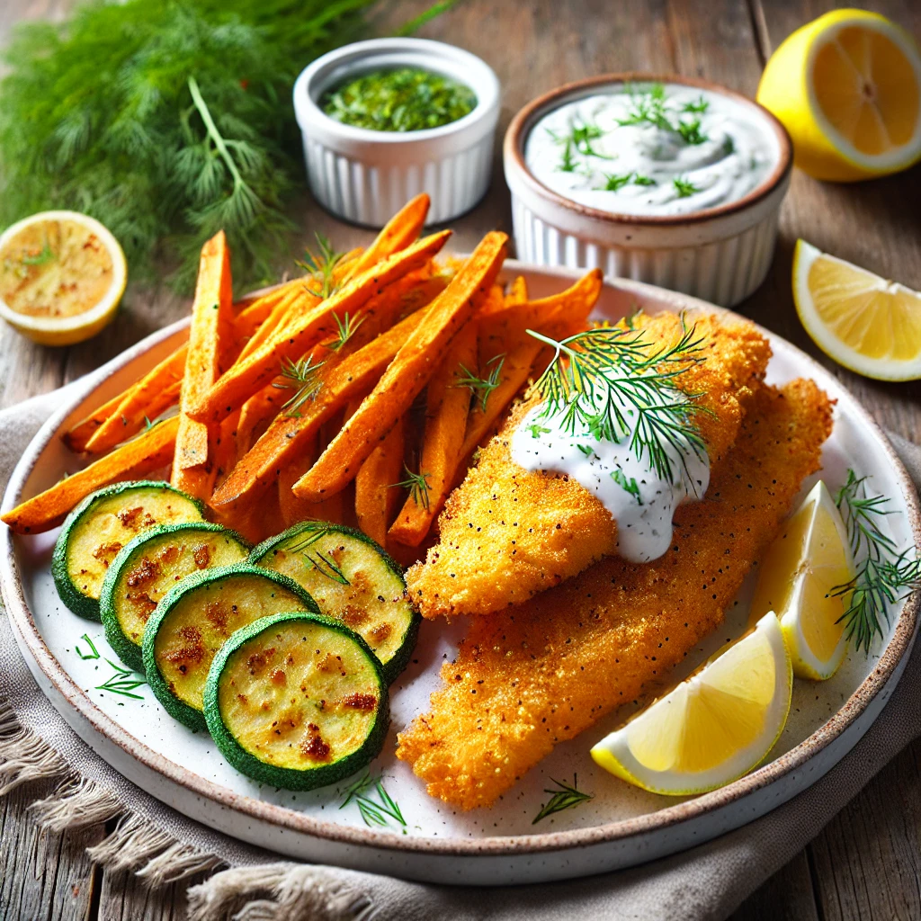 Image of Lemon Pepper Crumbed Fish with  Chips and Yogurt Dill Dipping Sauce