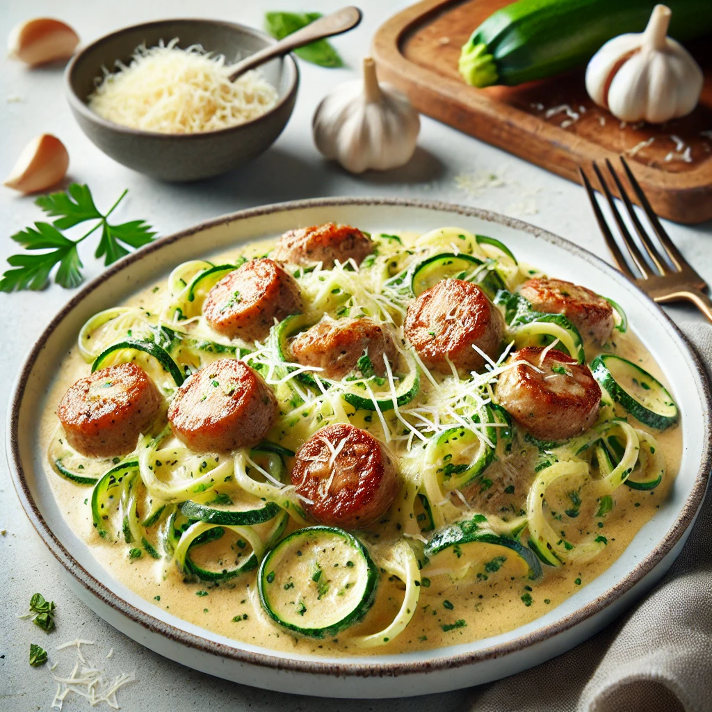 Image of Creamy Garlic Parmesan Sausage with Zucchini Noodles