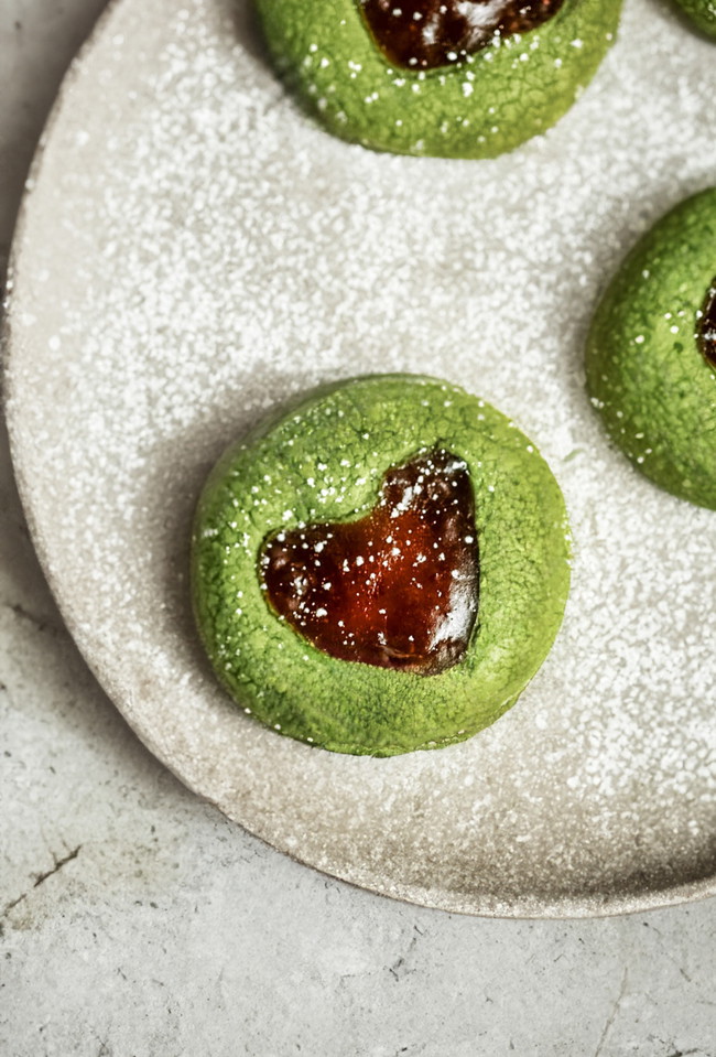 Image of 💚🍓 Matcha Heart Thumbprint Cookies: A Sweet Valentine's Treat 💝✨